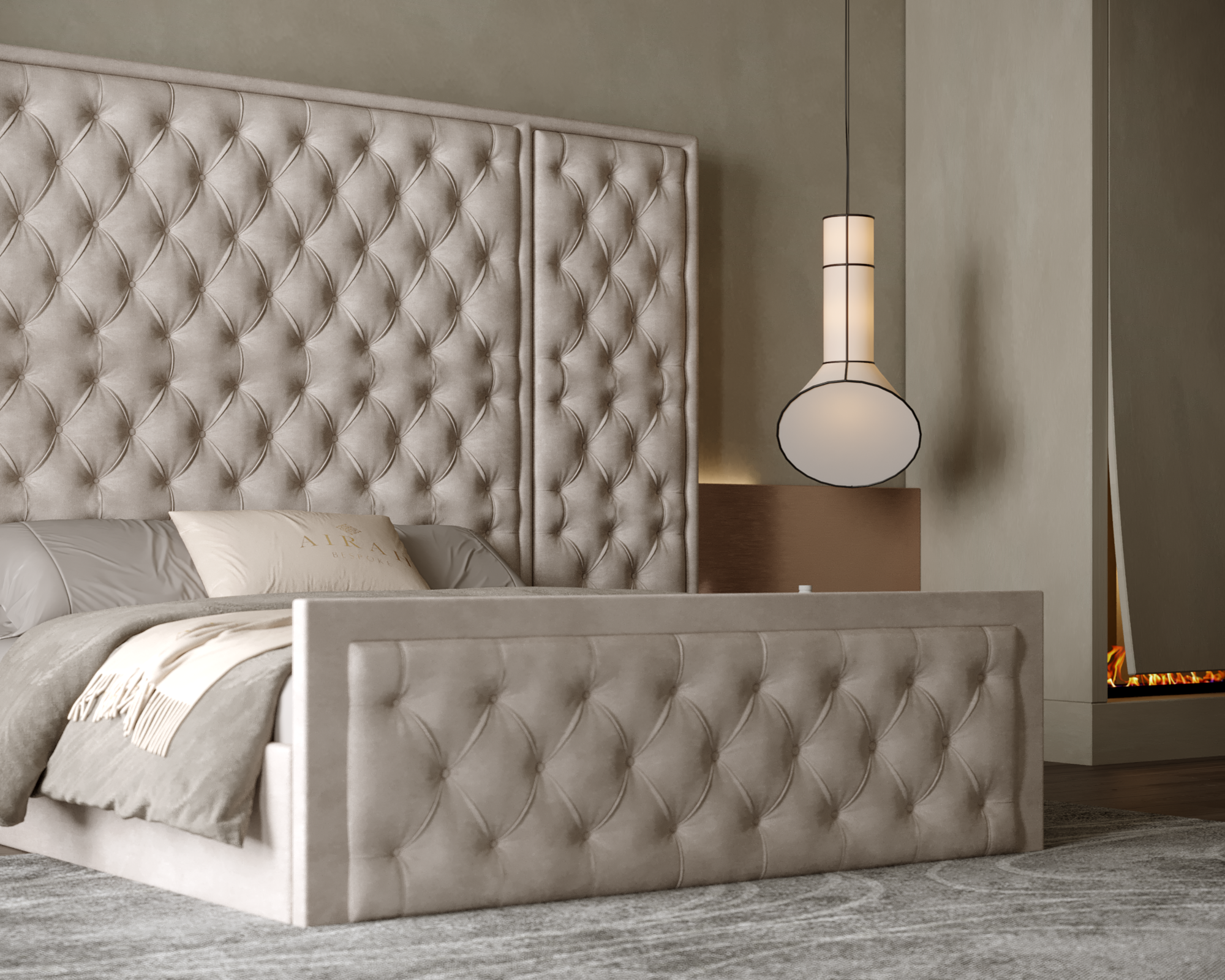 Ayla Grace bed with extended headboard, modern upholstered bed frame for stylish bedroom