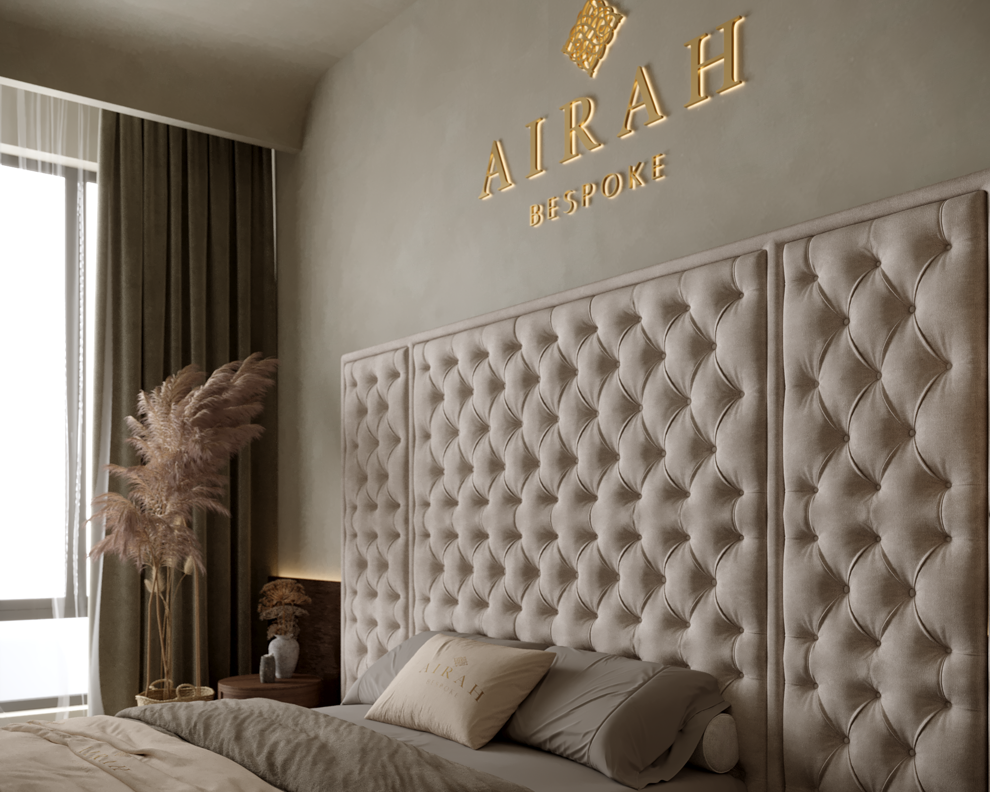 Ayla Grace bed with extended headboard, modern upholstered bed frame for stylish bedroom