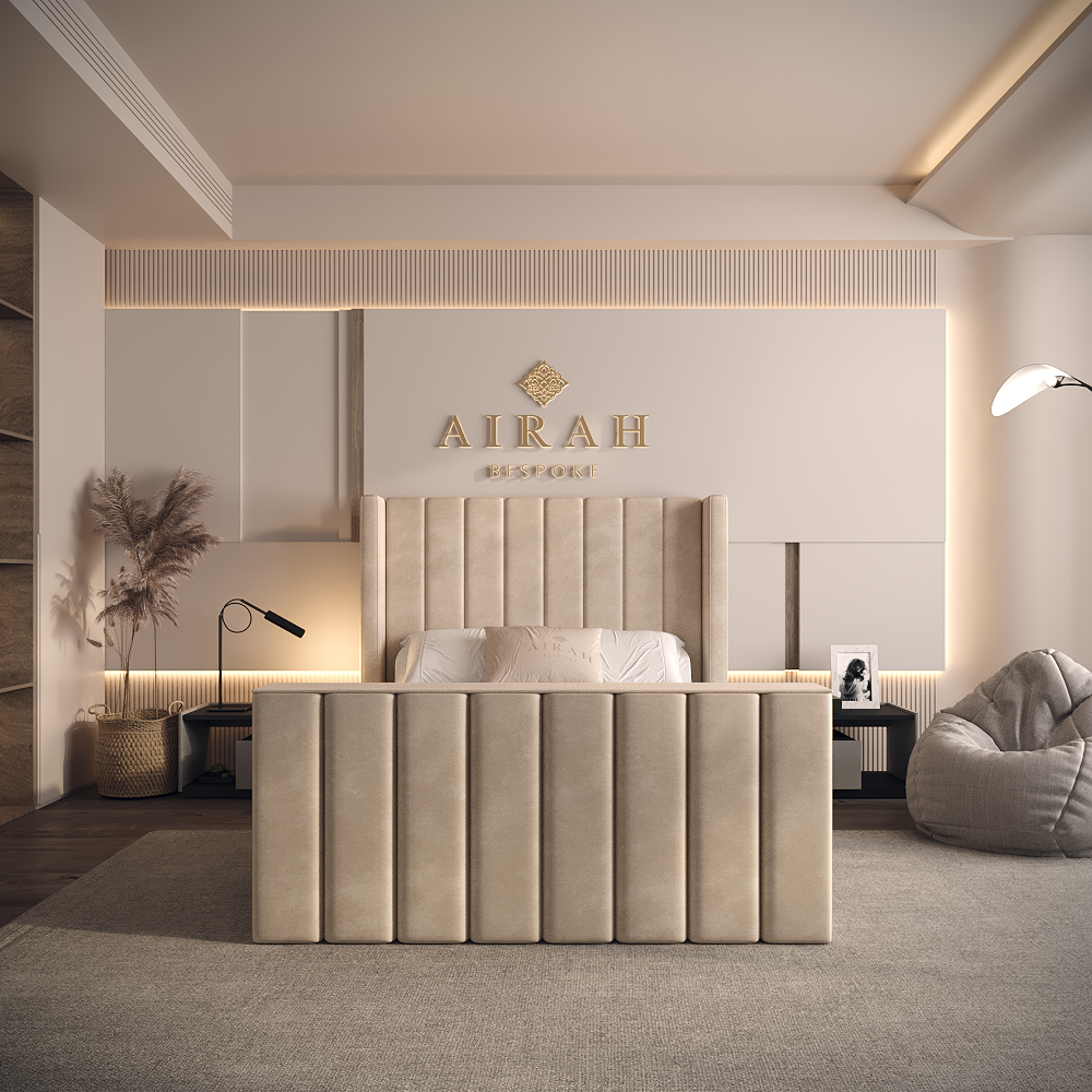 Caro luxury bed – upholstered bed frame with padded headboard and sleek finish