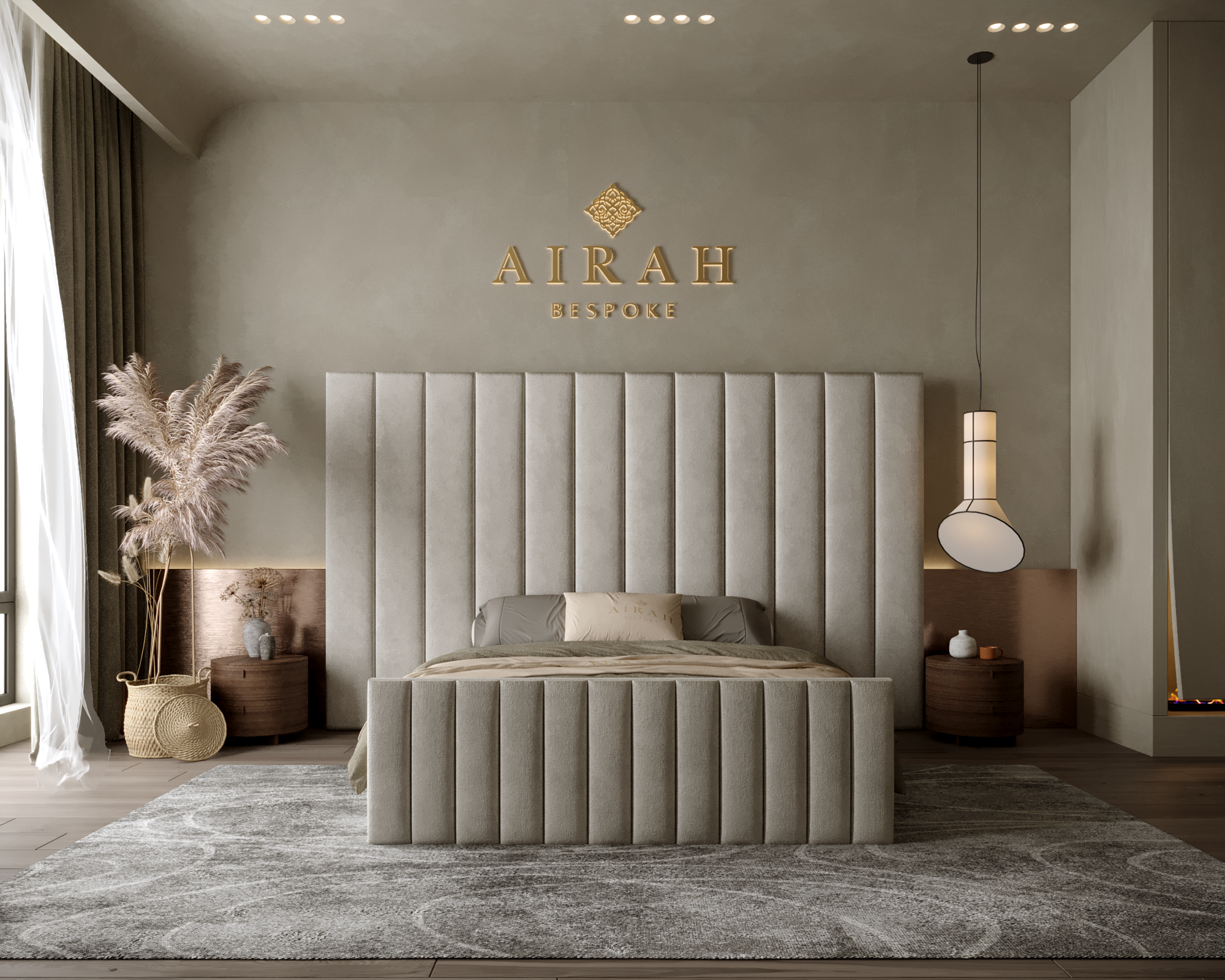 Elina Edition luxury bed featuring an extended upholstered headboard, modern bedroom furniture design