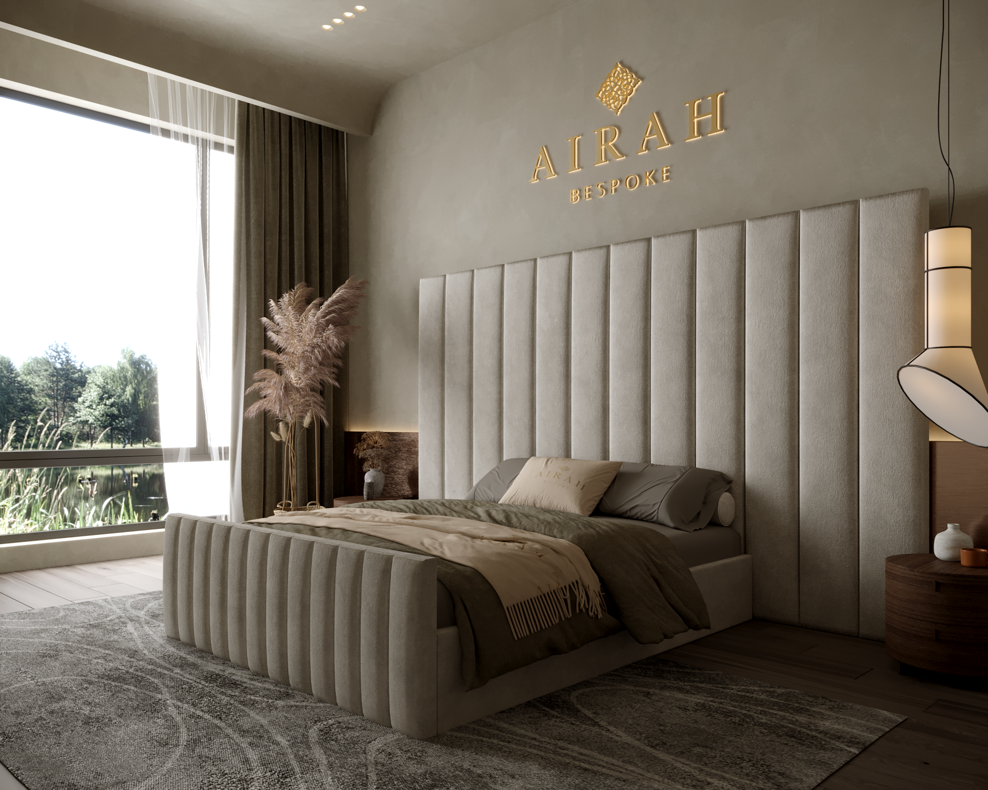 Elina Edition luxury bed featuring an extended upholstered headboard, modern bedroom furniture design