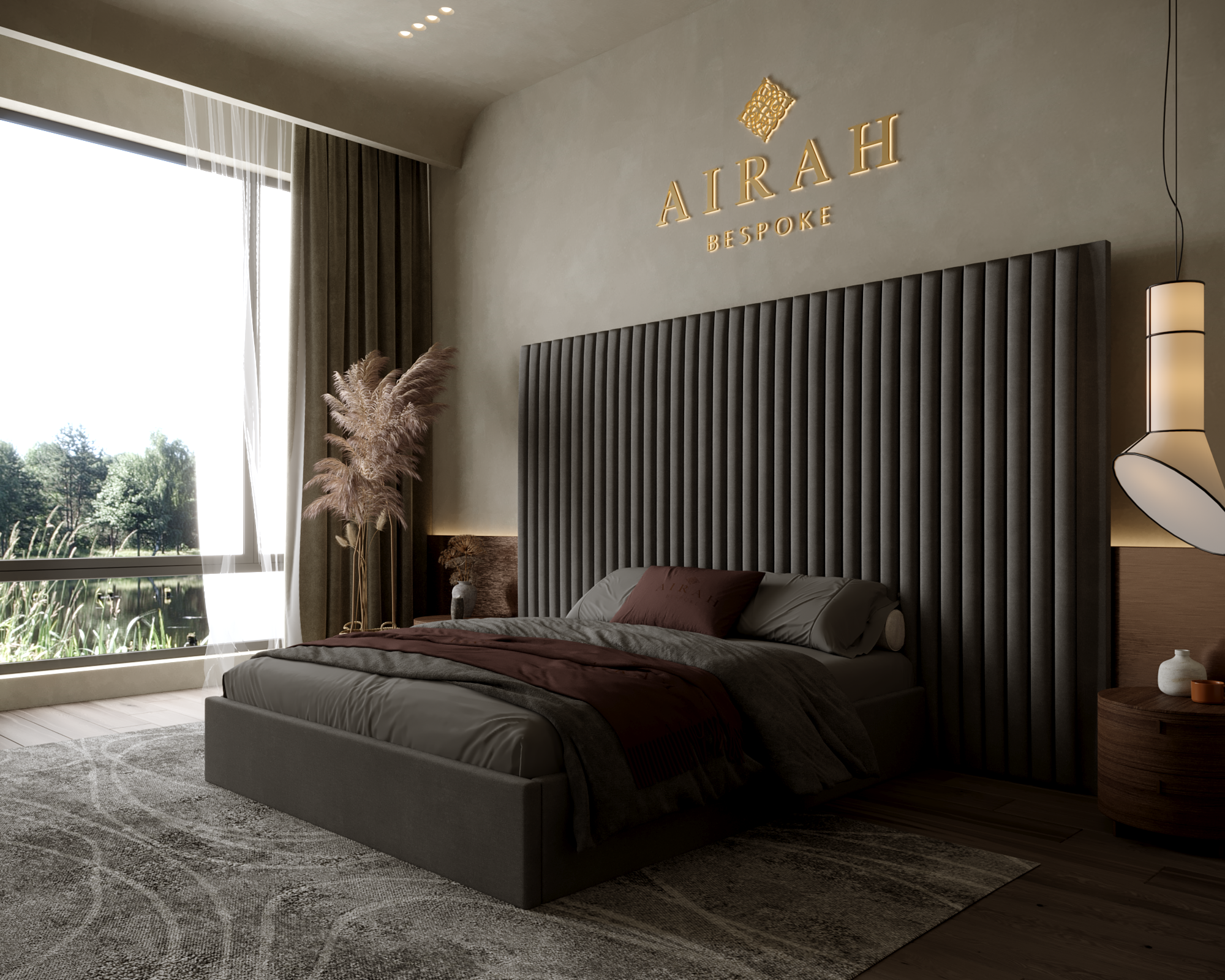 Jasmine Velour Bed with Extended Headboard in modern bedroom setting, luxurious velvet upholstery, contemporary design, comfortable king-size bed