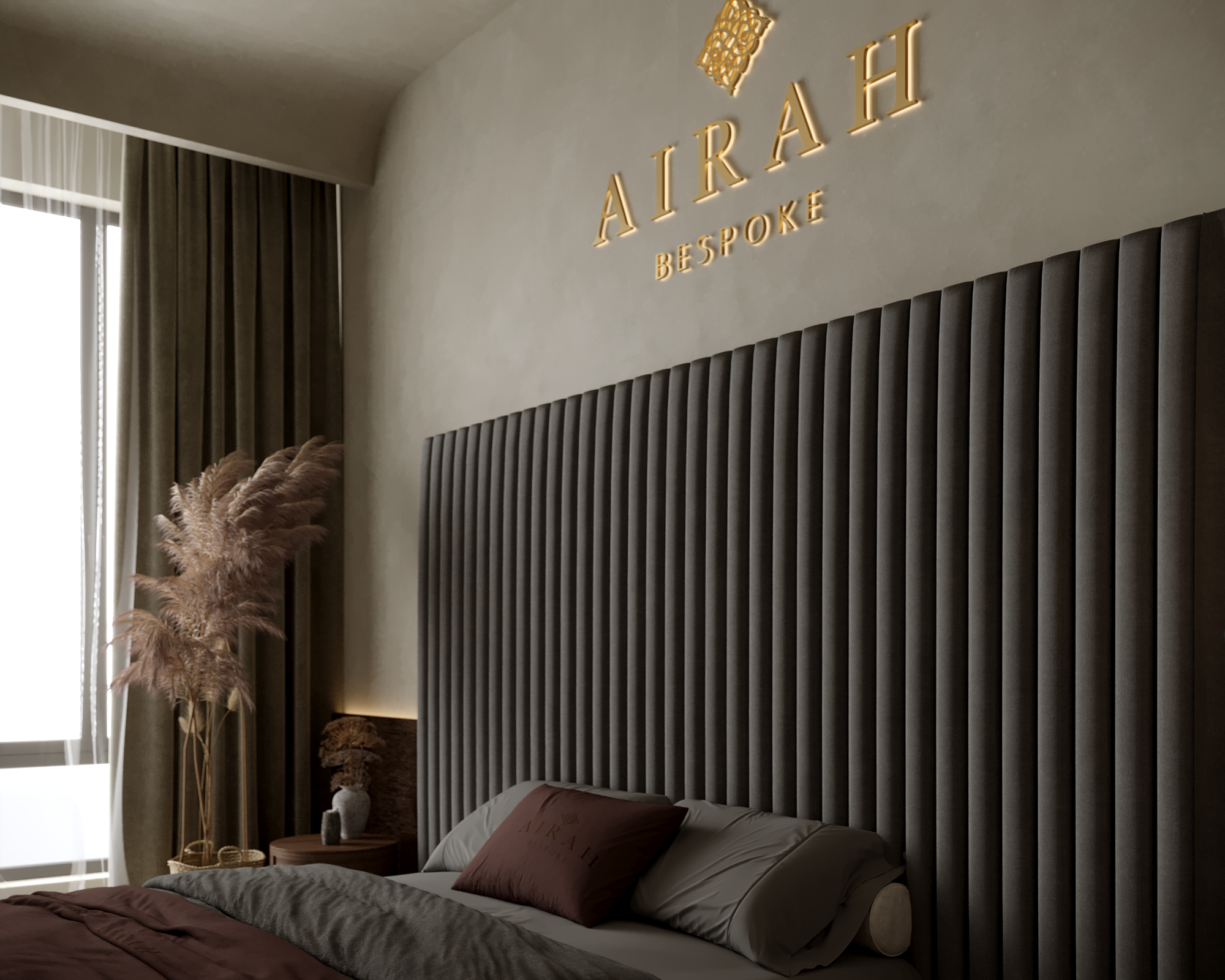 Jasmine Velour Bed with Extended Headboard in modern bedroom setting, luxurious velvet upholstery, contemporary design, comfortable king-size bed