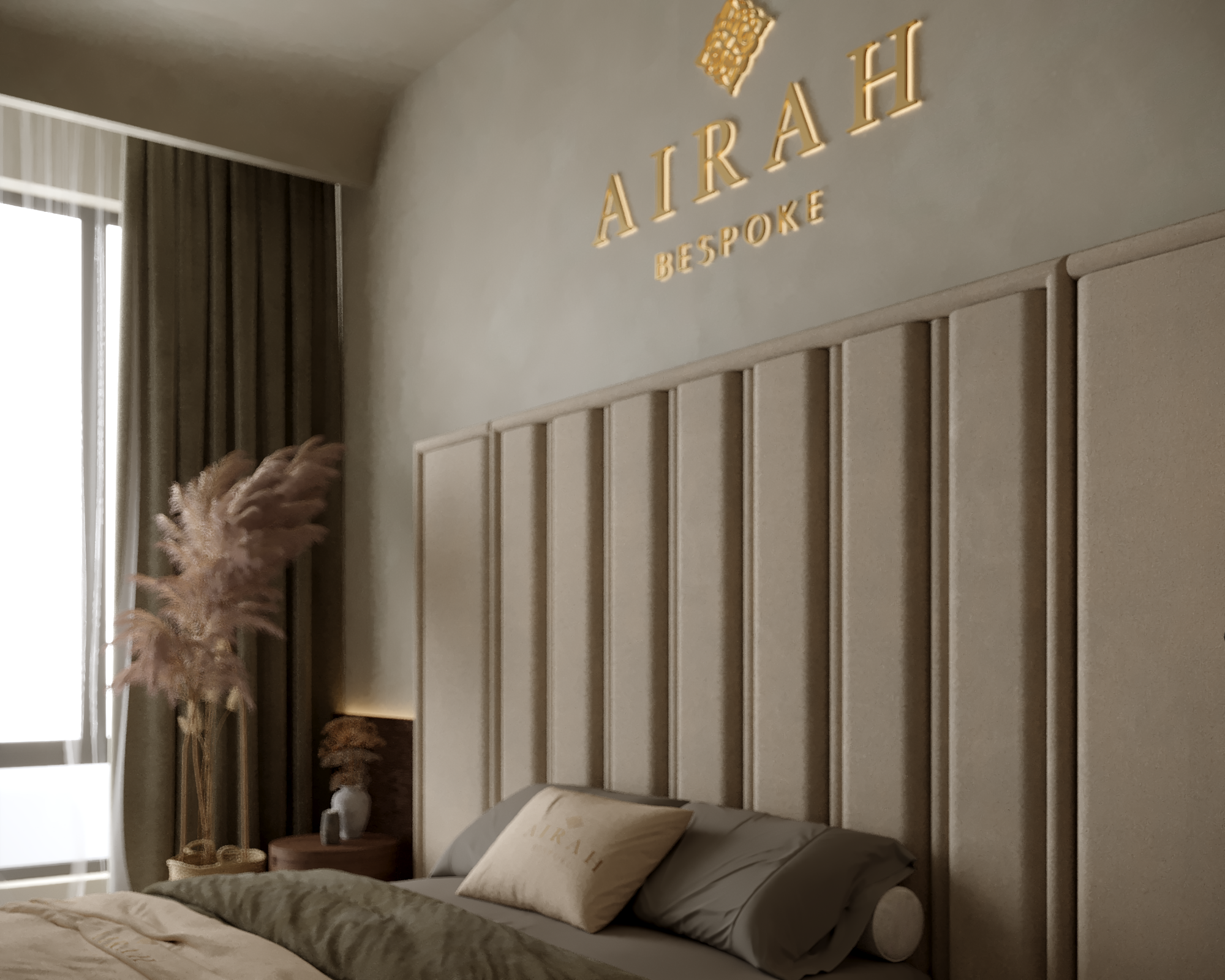 Layla Couture luxury bed featuring an extended upholstered headboard, elegant contemporary bedroom furniture