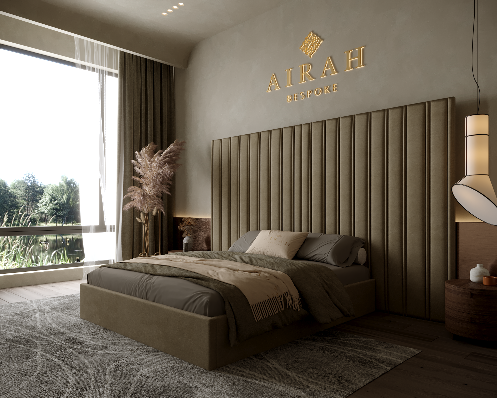 Maya Royale bed featuring an extended upholstered headboard, premium modern bedroom furniture