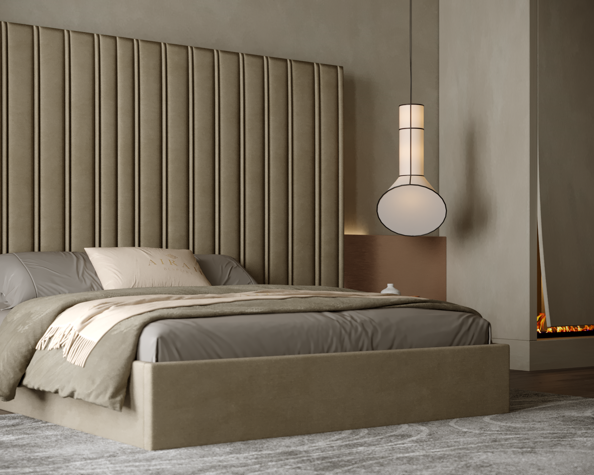 Maya Royale bed featuring an extended upholstered headboard, premium modern bedroom furniture