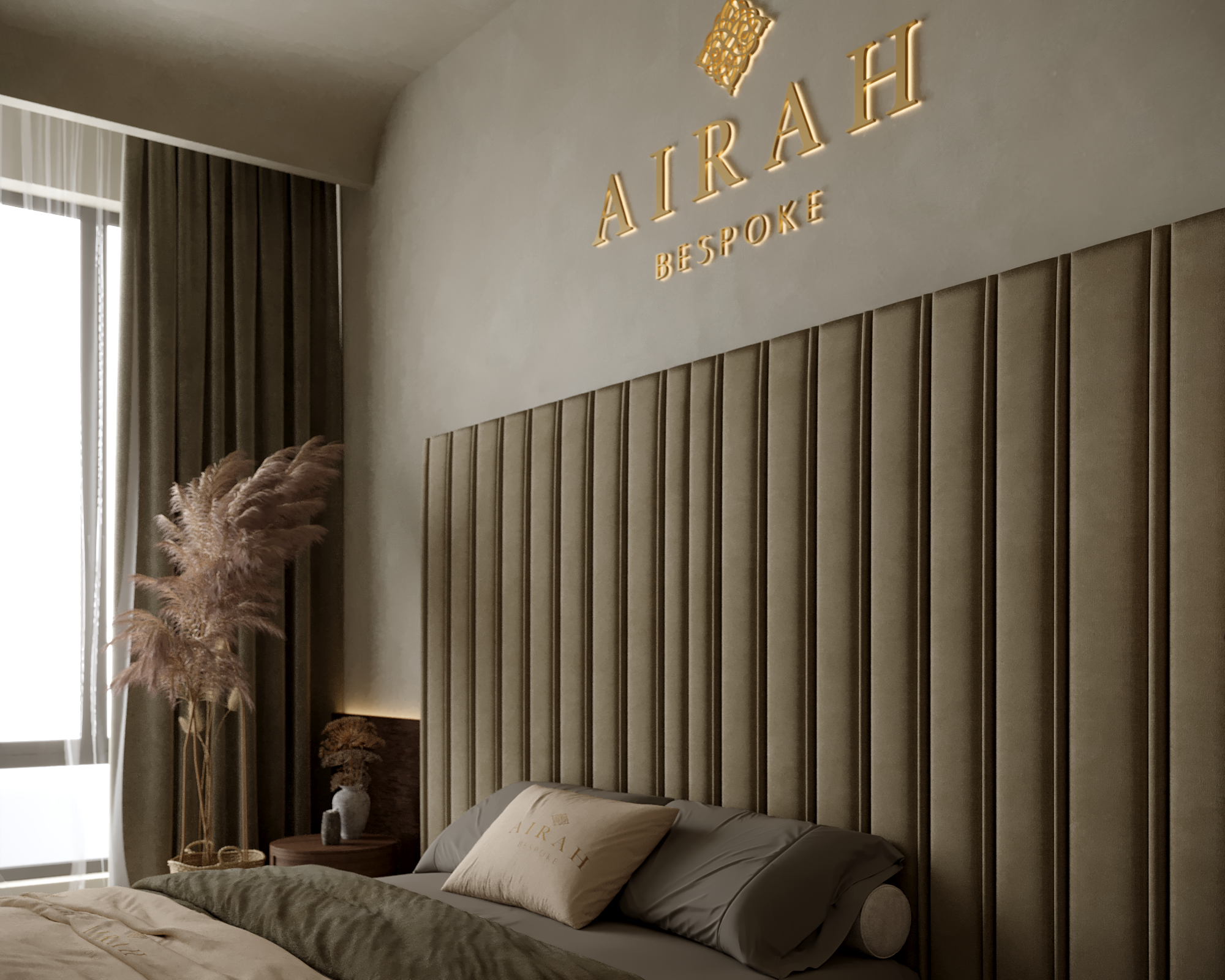 Maya Royale bed featuring an extended upholstered headboard, premium modern bedroom furniture