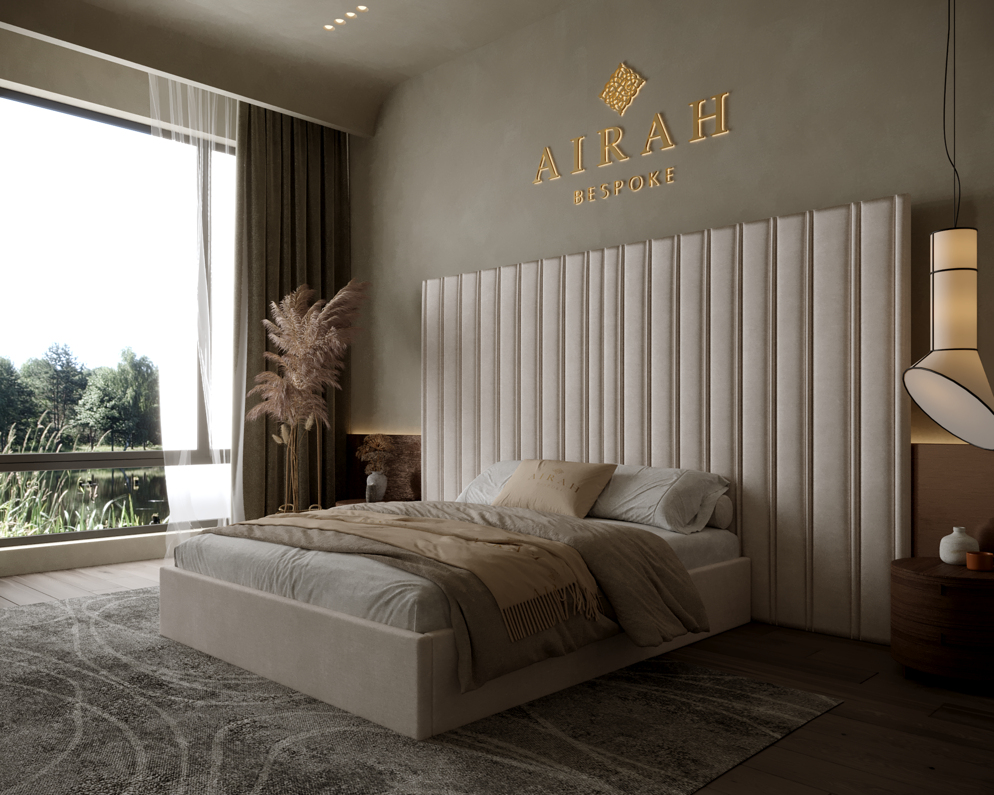 Maya Royale Luxe bed with extended headboard, luxury upholstered bed frame for elegant bedroom interiors.