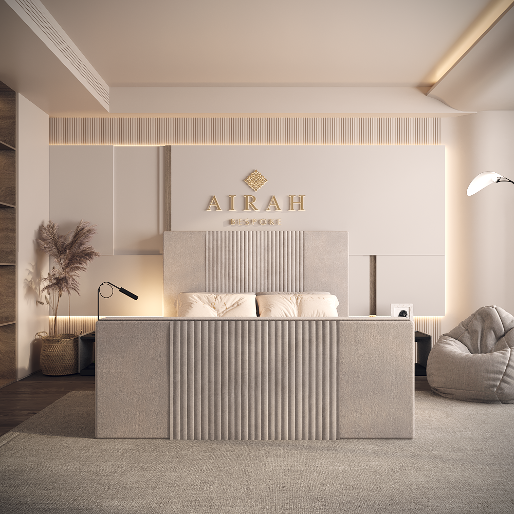 Noor luxury bed – upholstered bed frame with padded headboard and sleek finish