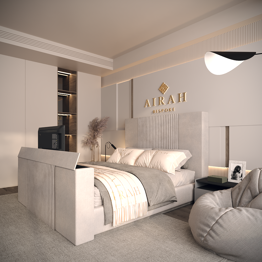 Noor luxury bed – upholstered bed frame with padded headboard and sleek finish