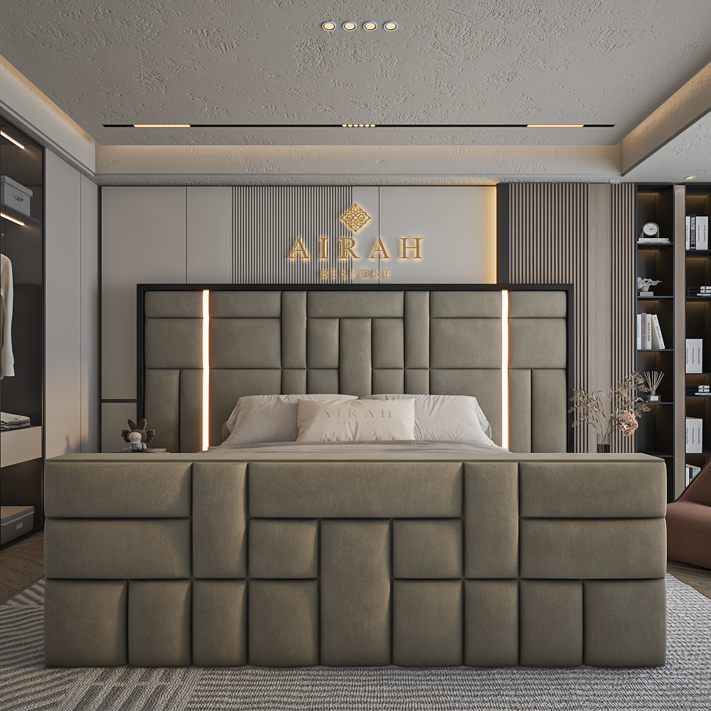 Radiant LED upholstered bed with built-in LED light strips – contemporary bed frame UK