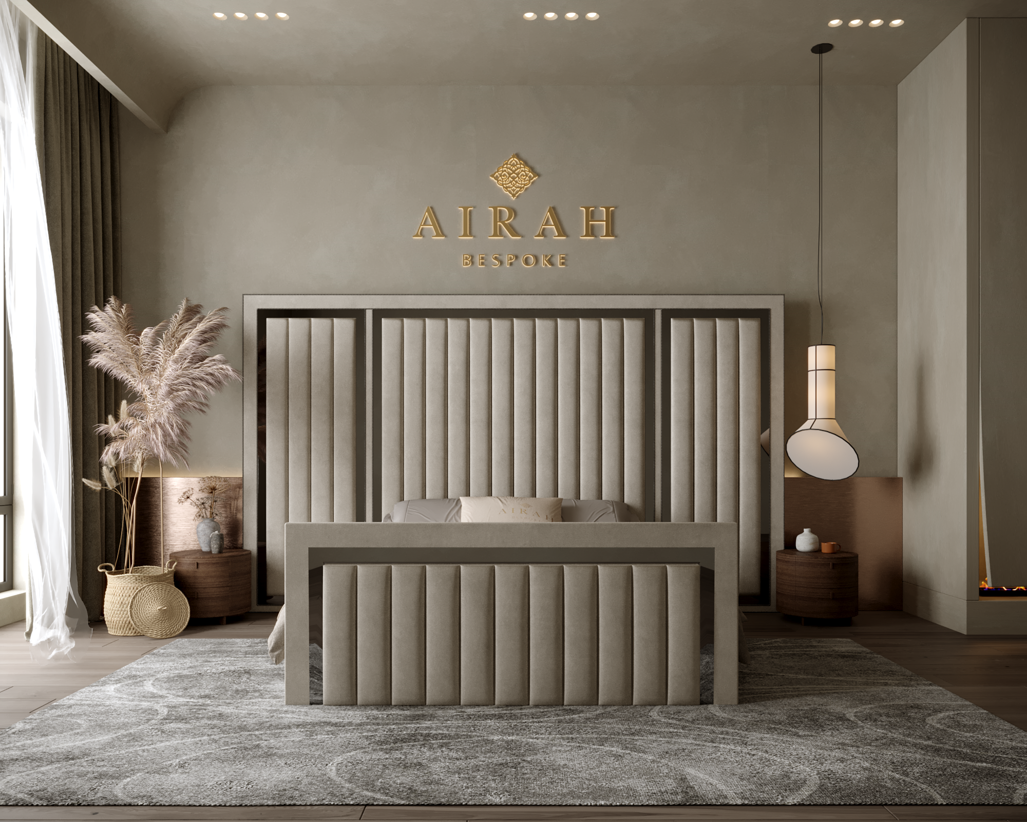 Riva Reign luxury bed featuring an extended upholstered headboard, contemporary bedroom furniture design