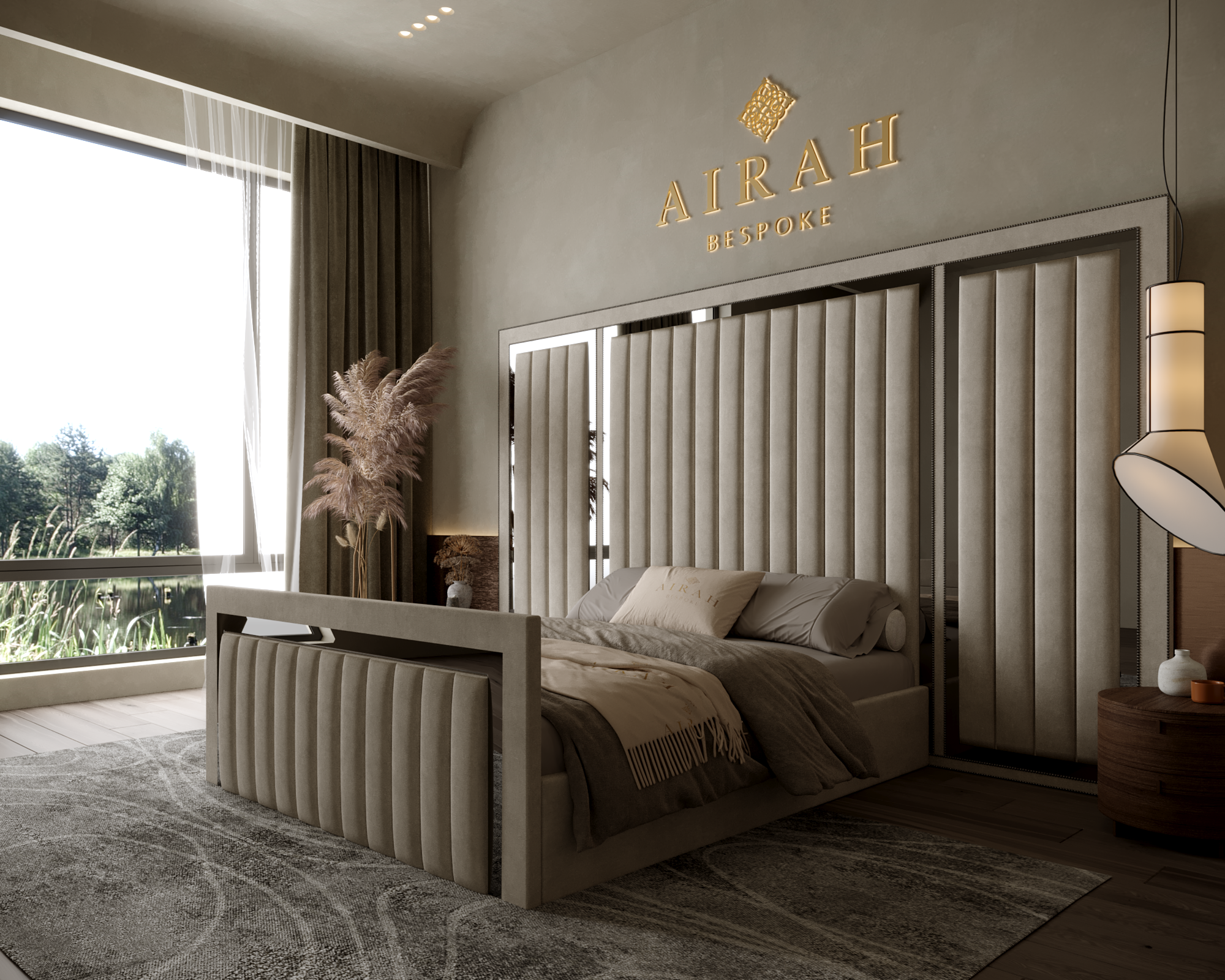 Riva Reign luxury bed featuring an extended upholstered headboard, contemporary bedroom furniture design