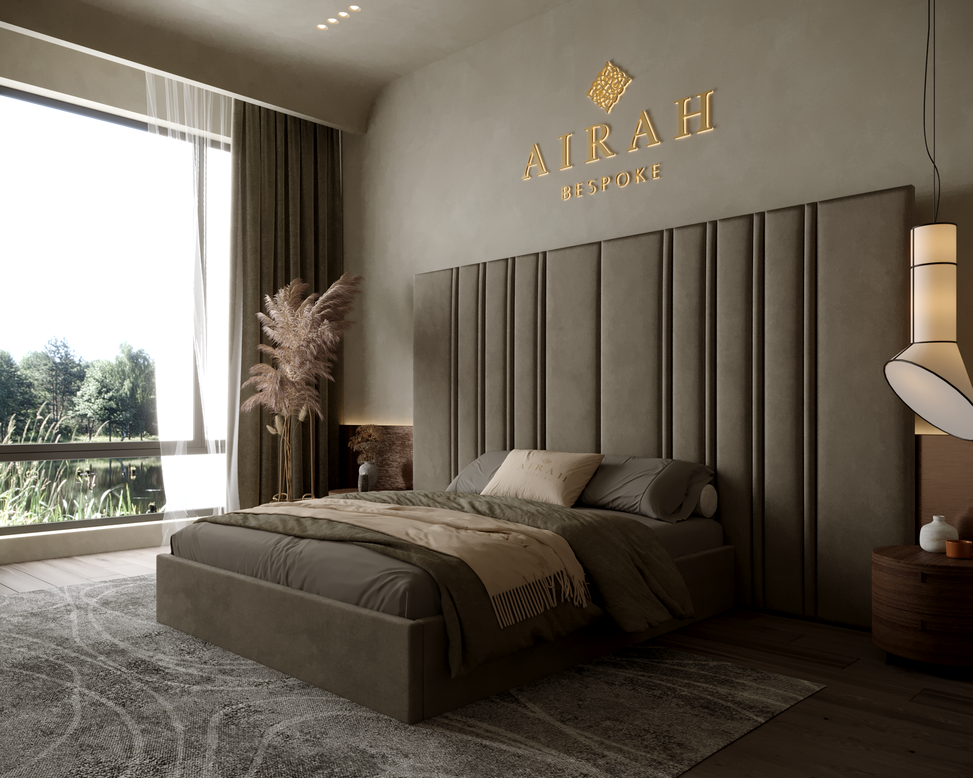 RoseHaven bed featuring an extended upholstered headboard, luxury modern bedroom furniture