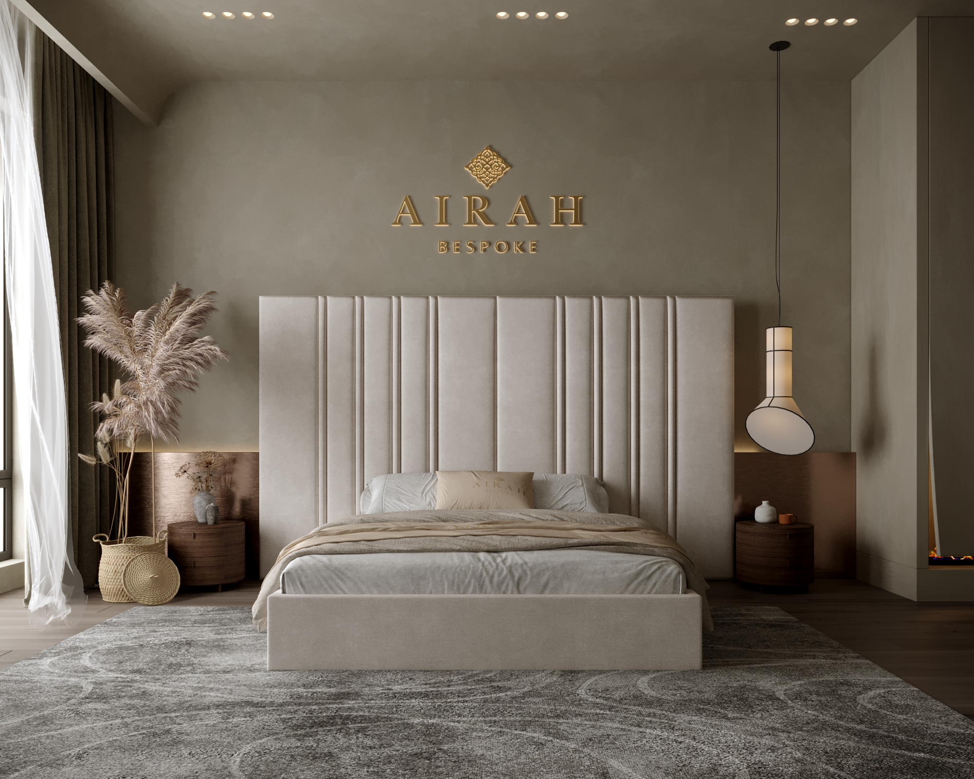 Rose Haven Luxe bed with extended headboard, elegant luxury upholstered bed for modern bedroom interiors