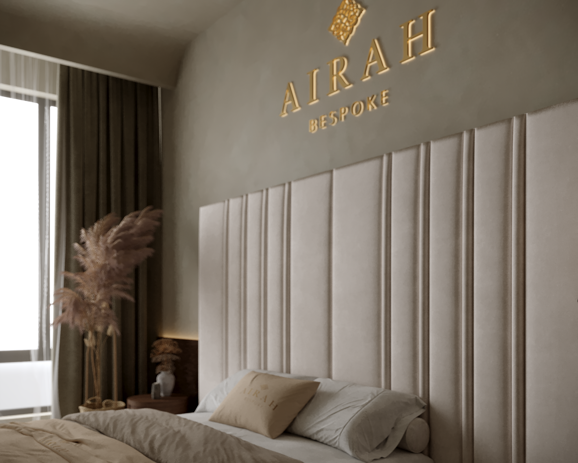 Rose Haven Luxe bed with extended headboard, elegant luxury upholstered bed for modern bedroom interiors