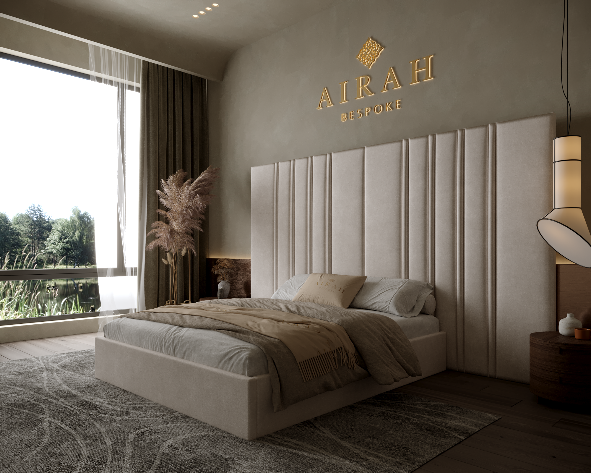 Rose Haven Luxe bed with extended headboard, elegant luxury upholstered bed for modern bedroom interiors