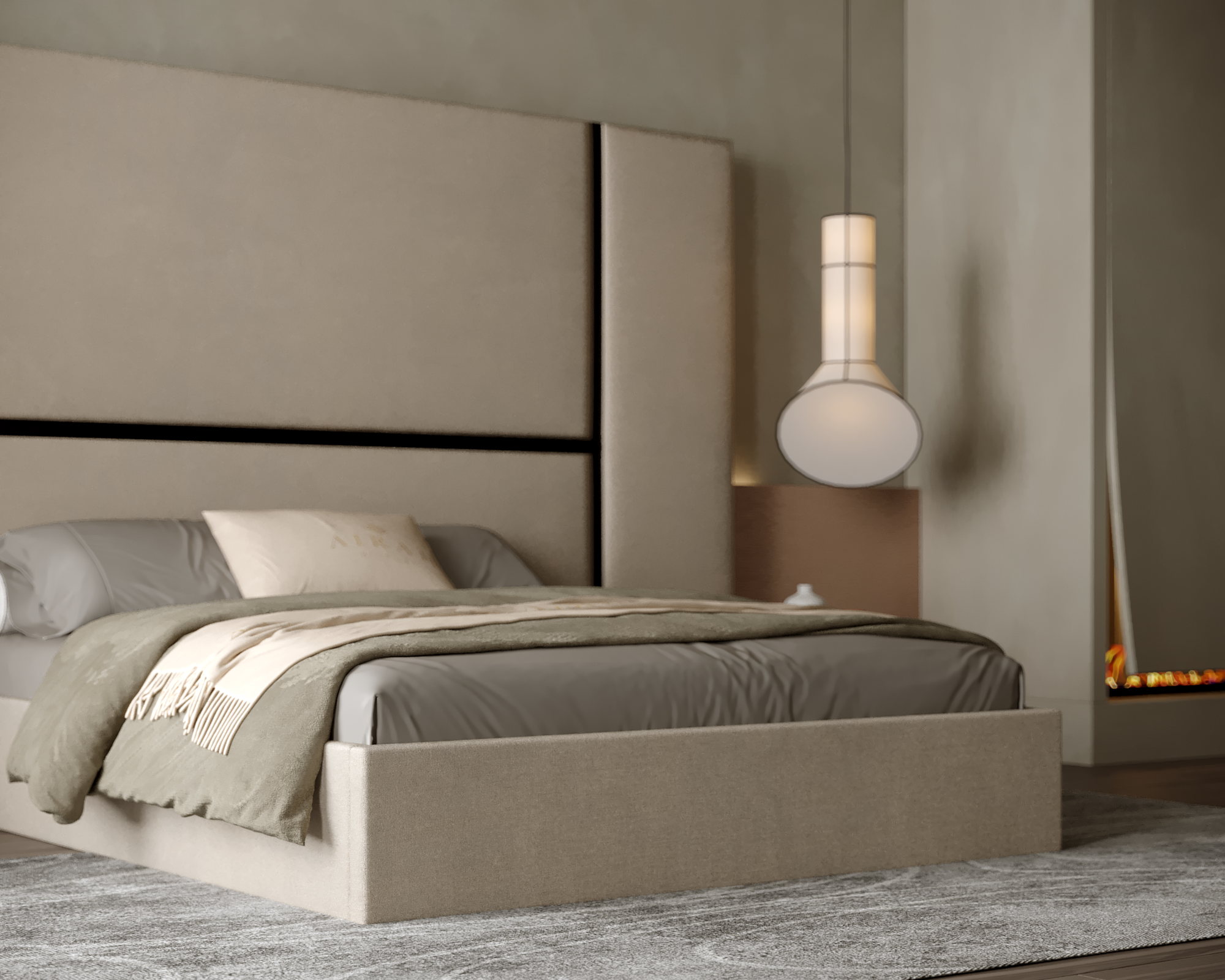 Talia Luxora bed with extended headboard, luxury upholstered bed frame for elegant bedroom interiors.