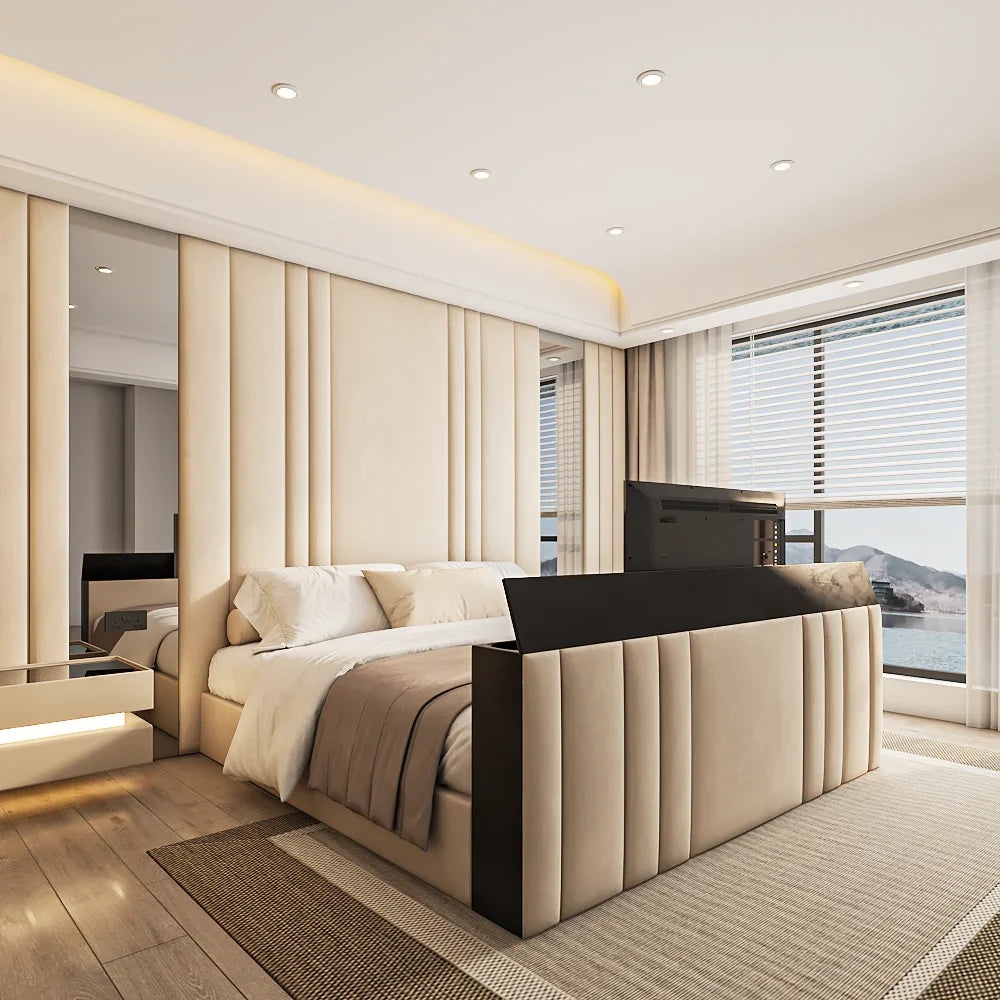 Vale high end TV conversion bed frame – built-in TV lift at foot end for modern bedrooms